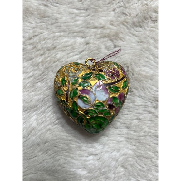 Vintage Cloisonné Heart Shaped Ornament With Floral Design - Picture 4 of 4
